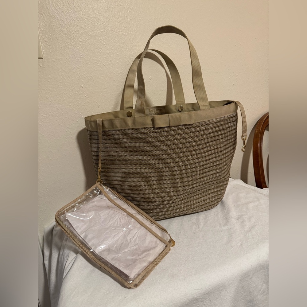 ERIC JAVITTIS  Tan Tote Beach Bag with Pouch